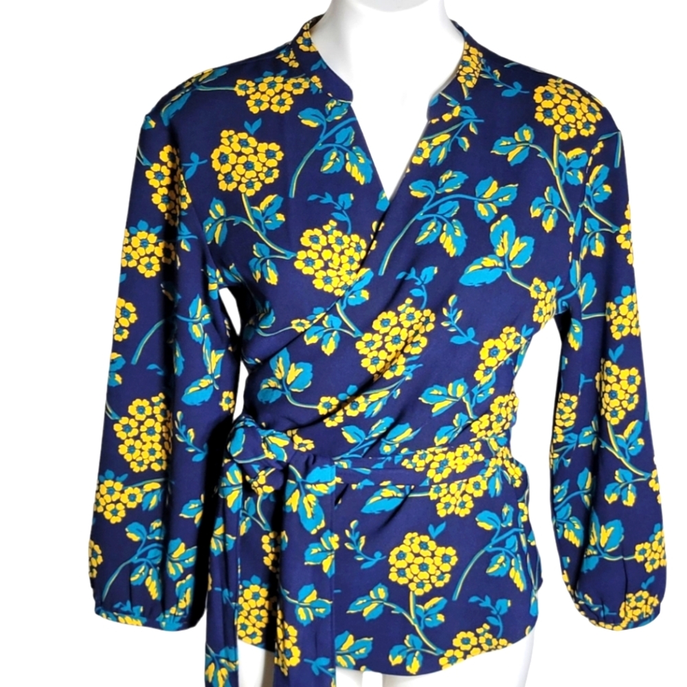 Yellow, Navy & Teal Floral Wrap Peplum Top | Belted V-Neck Quarter Sleeve